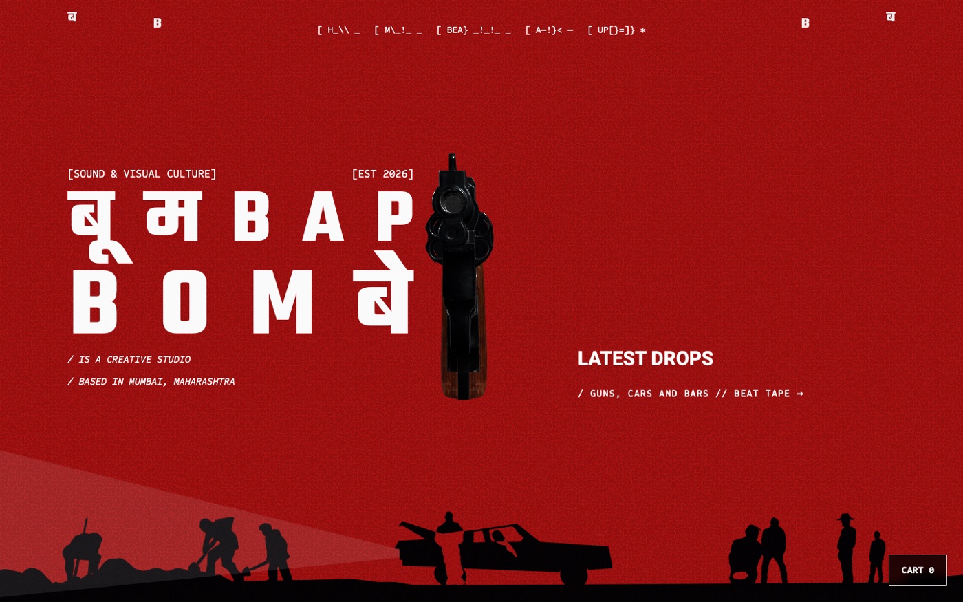 The landing page: bilingual wordmark, the cursor-tracked revolver, and the latest-drops panel