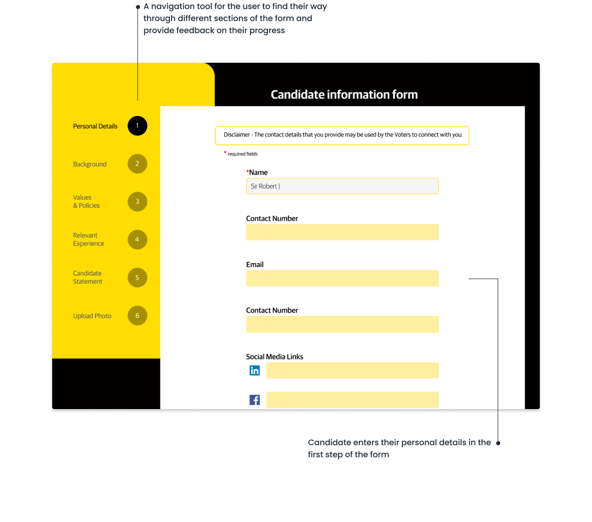 Step 1 — personal details, with a disclaimer about how contact info gets used