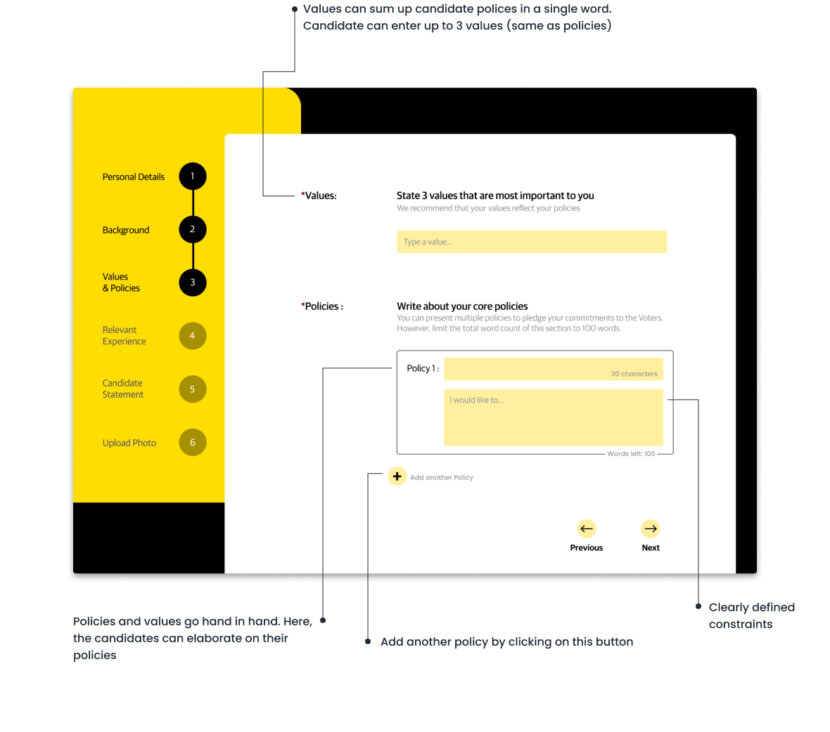 Step 3 — values and policies, constrained so answers stay comparable