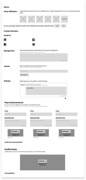 Low-fidelity wireframe of the candidate submission form
