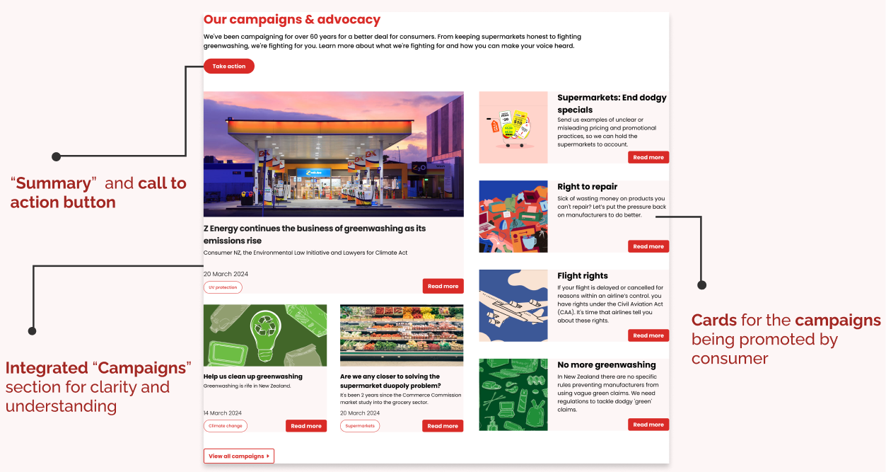 The integrated campaigns section with summary and call to action