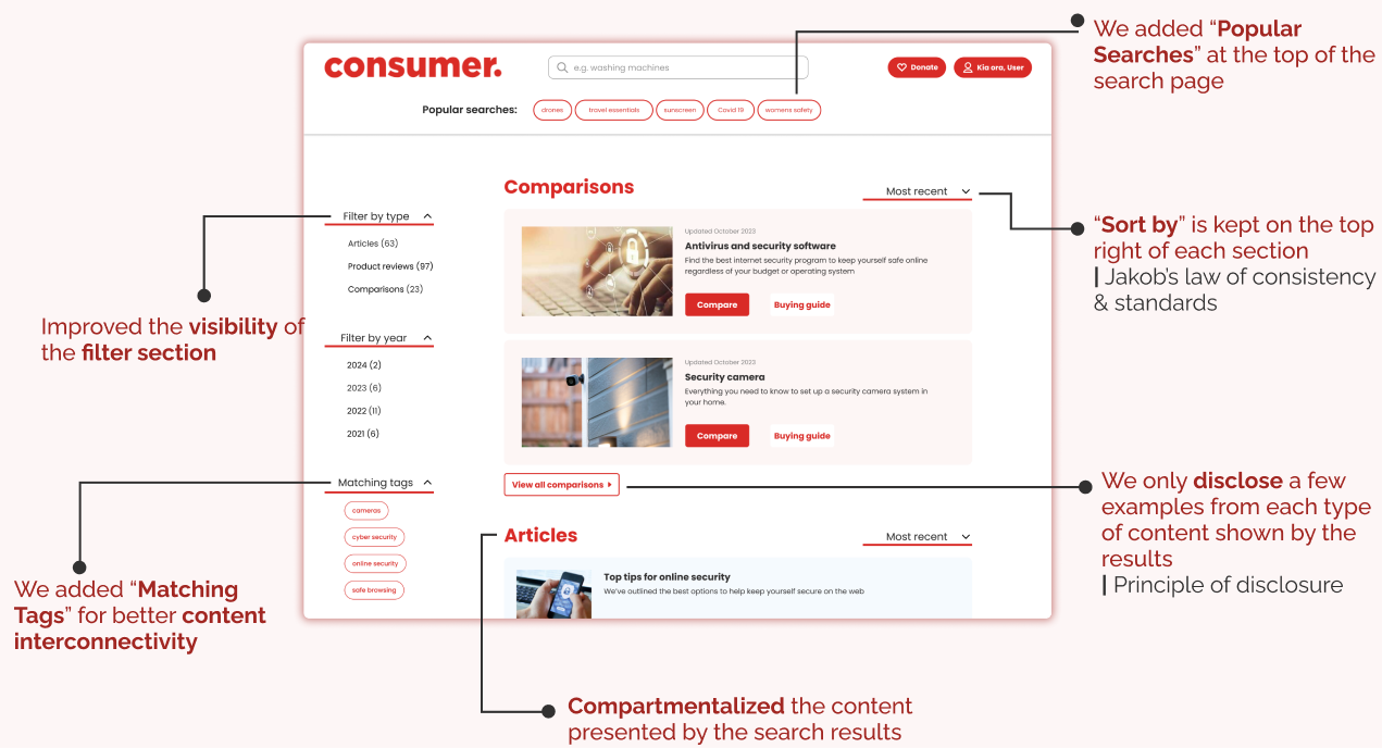 The redesigned search page with filters, matching tags, and compartmentalised results