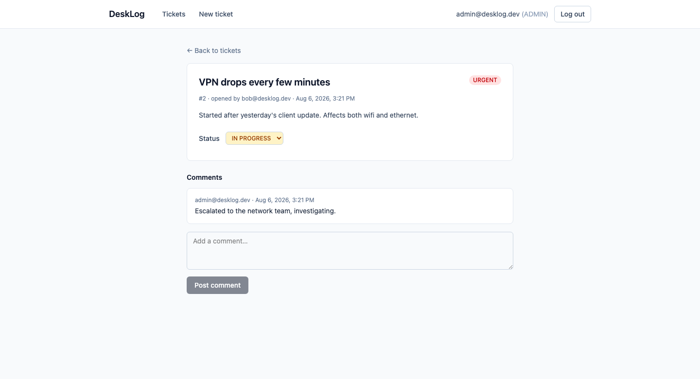 A ticket's detail view: status control and comment thread, mid-triage on a seeded "urgent" ticket