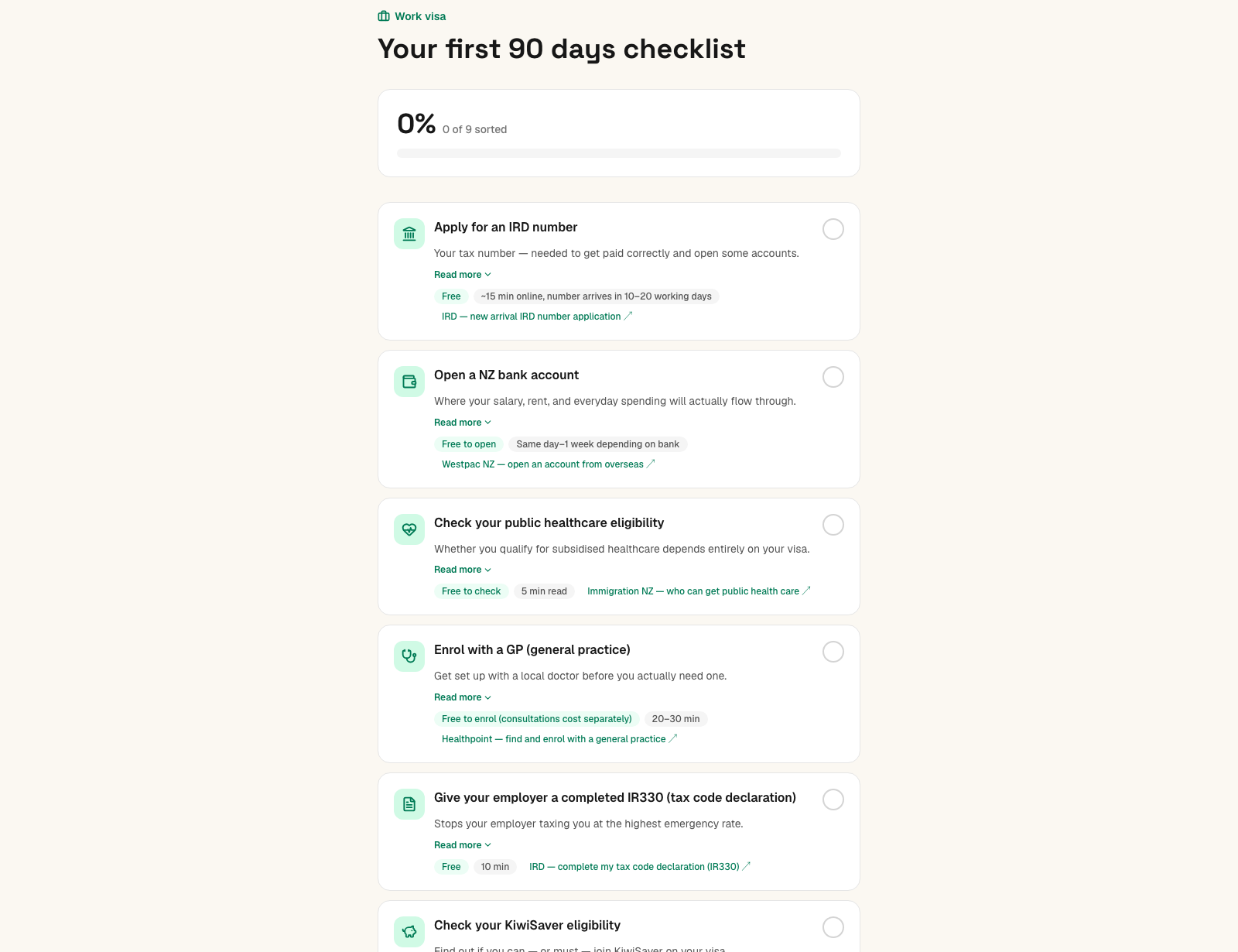 The work-visa checklist, with progress tracked at the top and each item showing cost, time estimate, and source link