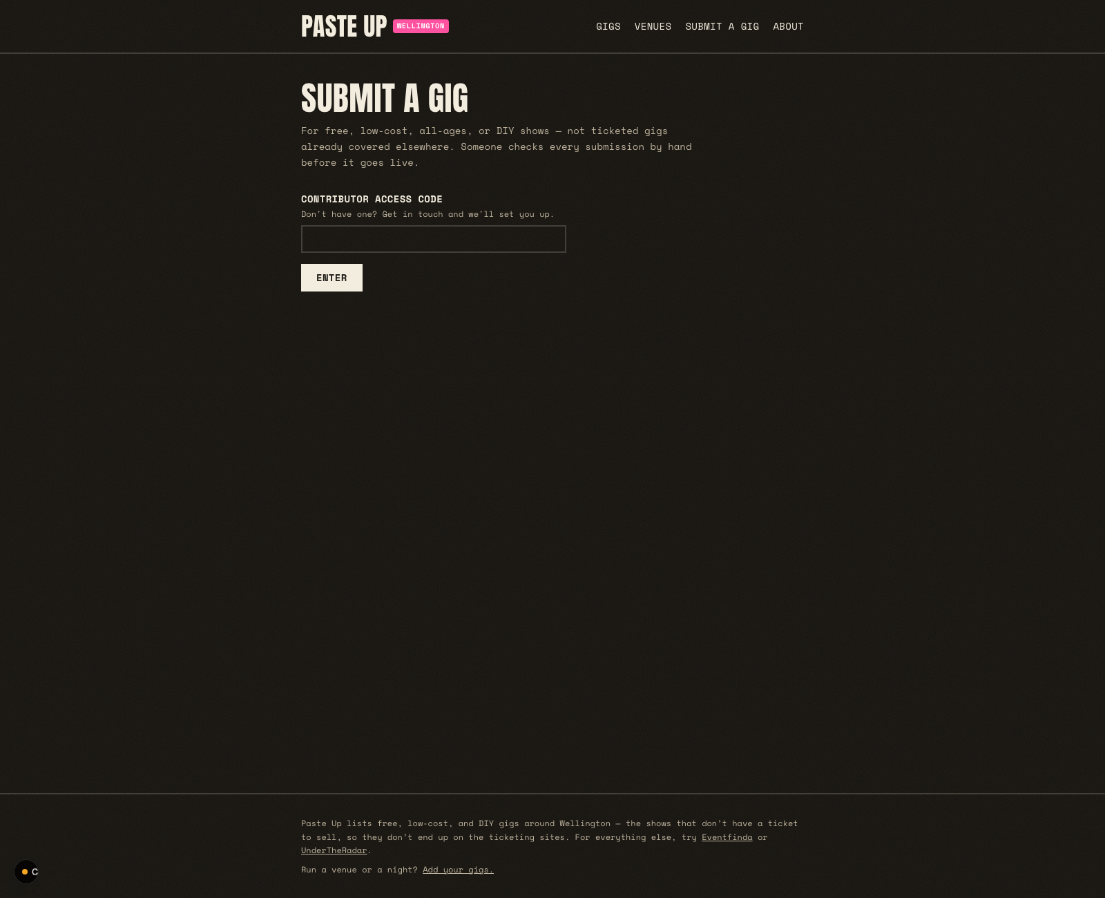 The submission form's access gate — a shared contributor code, not a full account signup