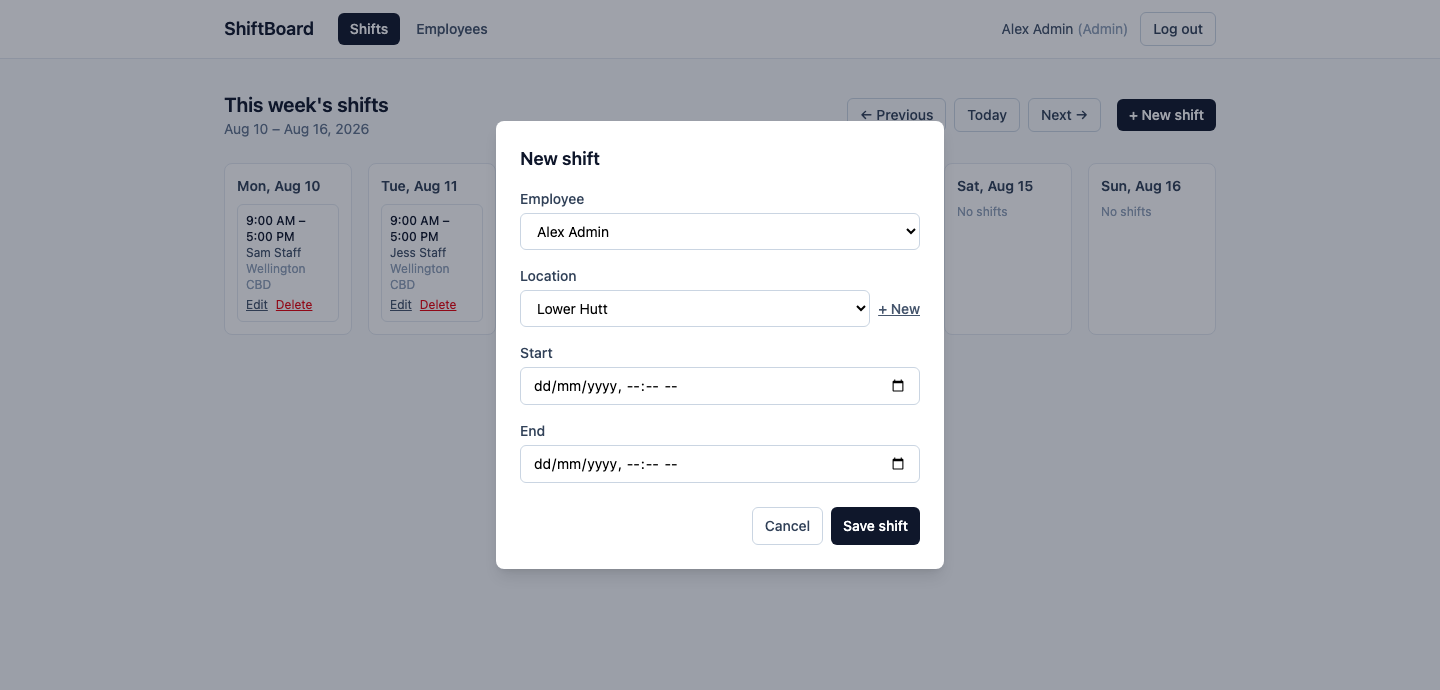 The new-shift form — employee, location, and the start/end range the overlap check runs against